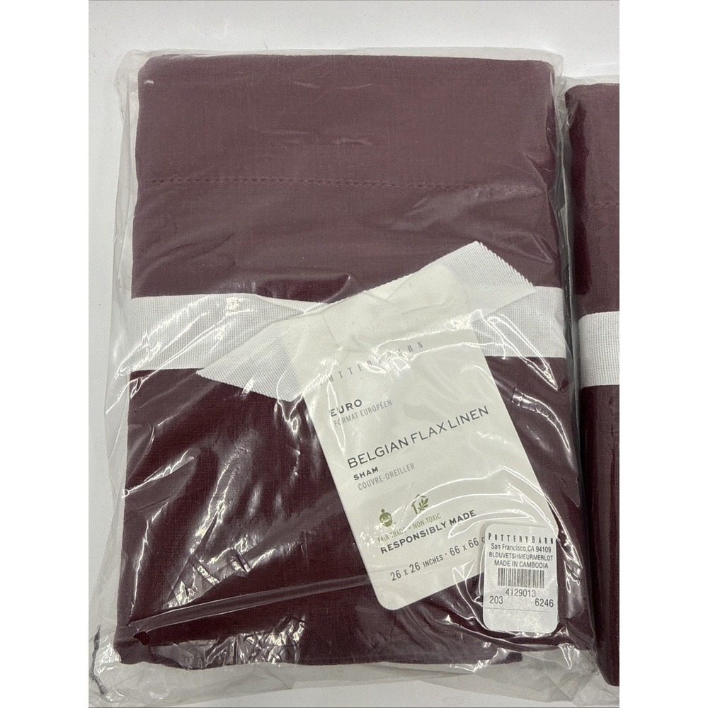 Pottery Barn Merlot Euro Belgian Flax Linen Shams Set Of 2 26"x26" NEW - Picture 2 of 6